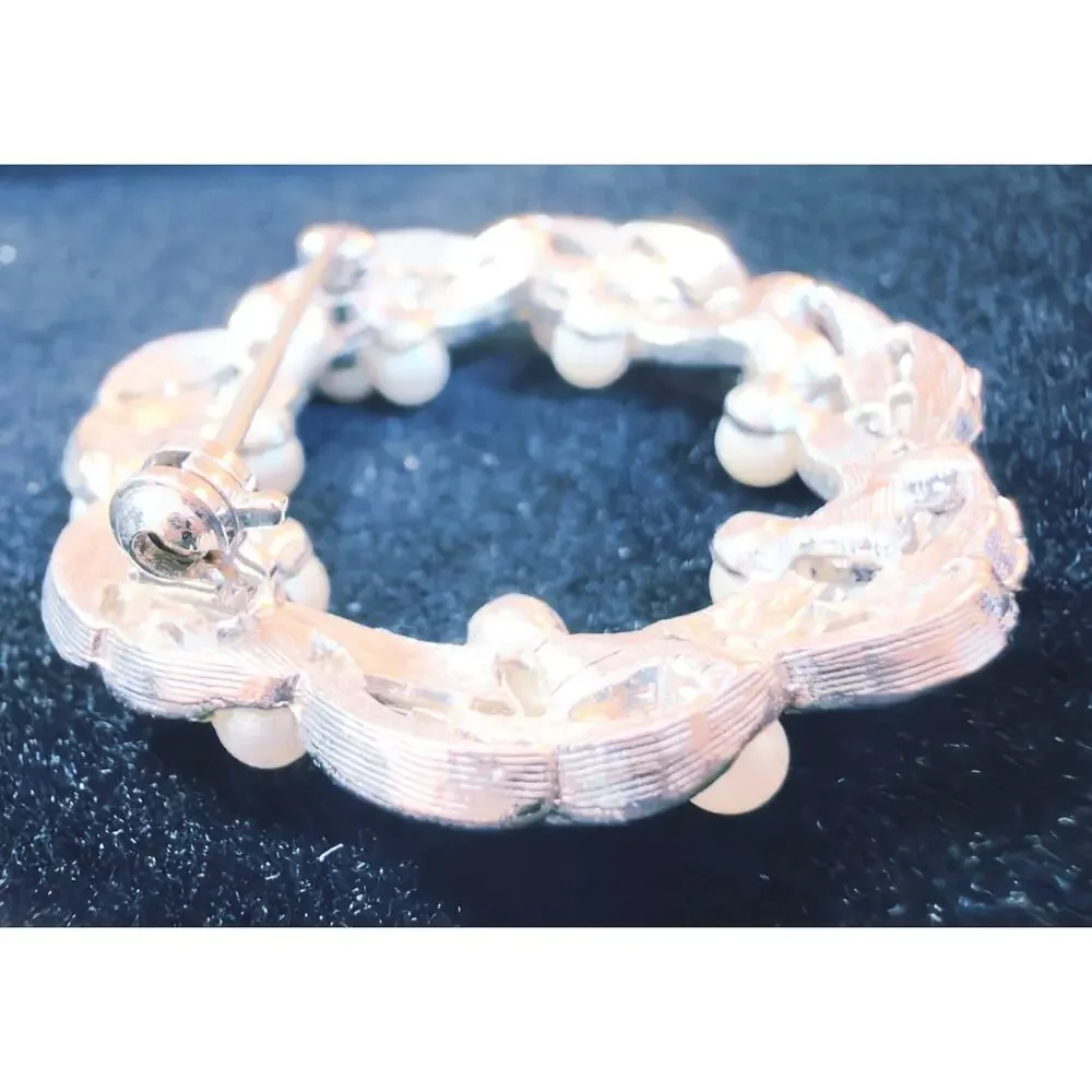 Vintage Silver-Tone Leaf Wreath Brooch with Faux Pearls | Mid-Century Circle Pin